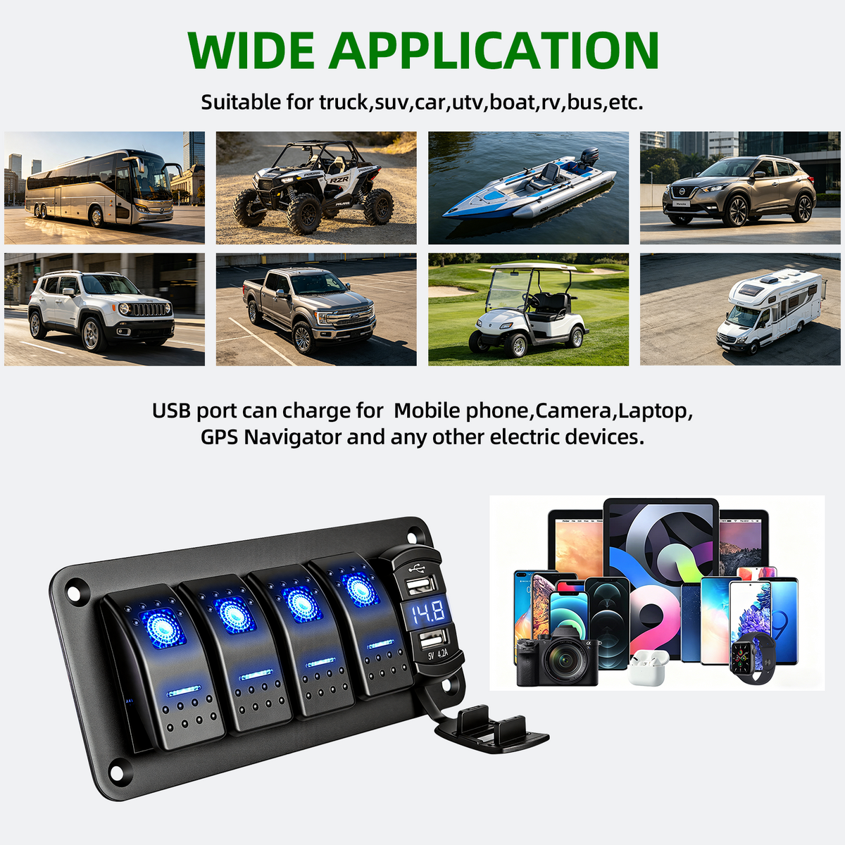4 Gang 12V/24V Switch Panel with USB-C and Voltmeter