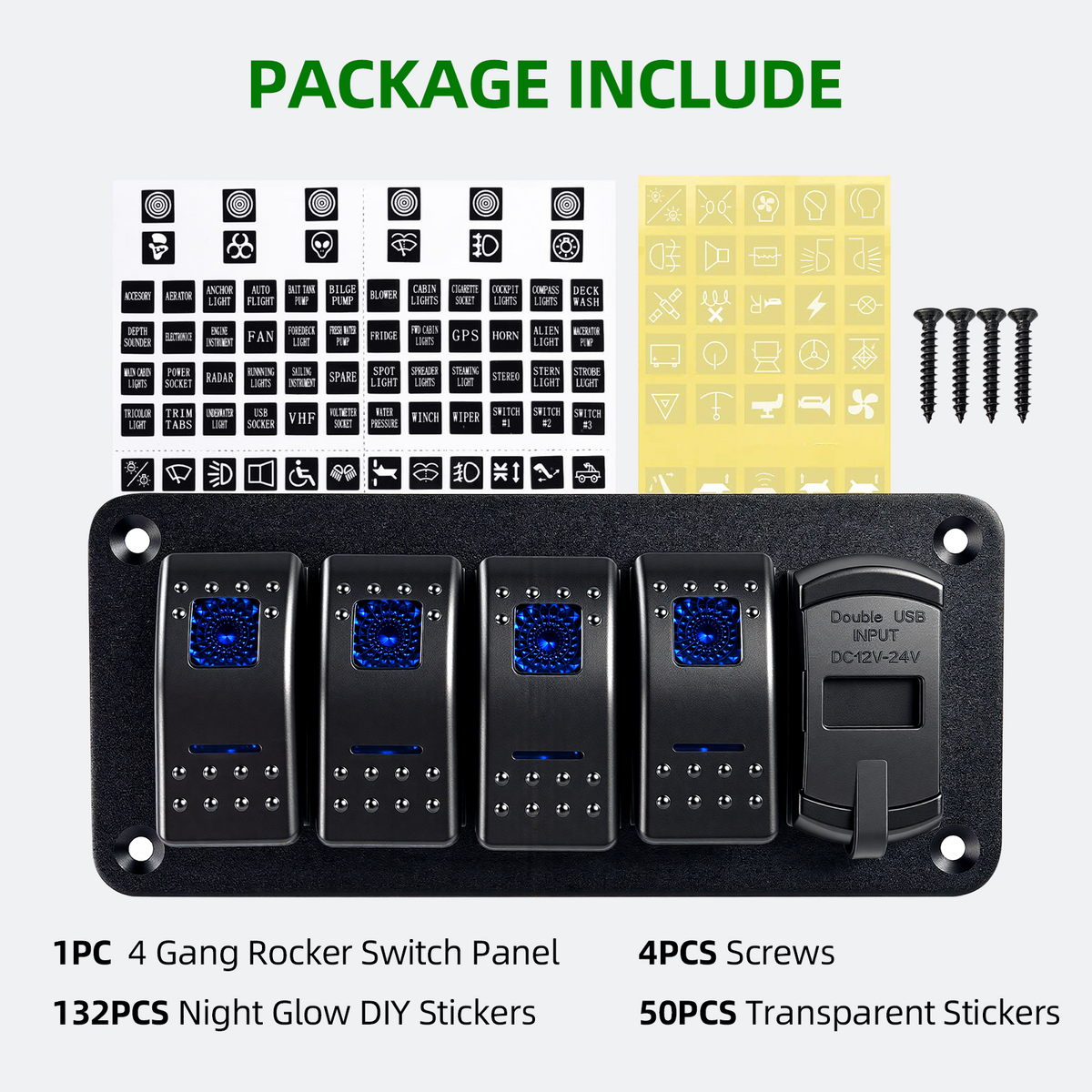 4 Gang 12V/24V Switch Panel with USB-C and Voltmeter