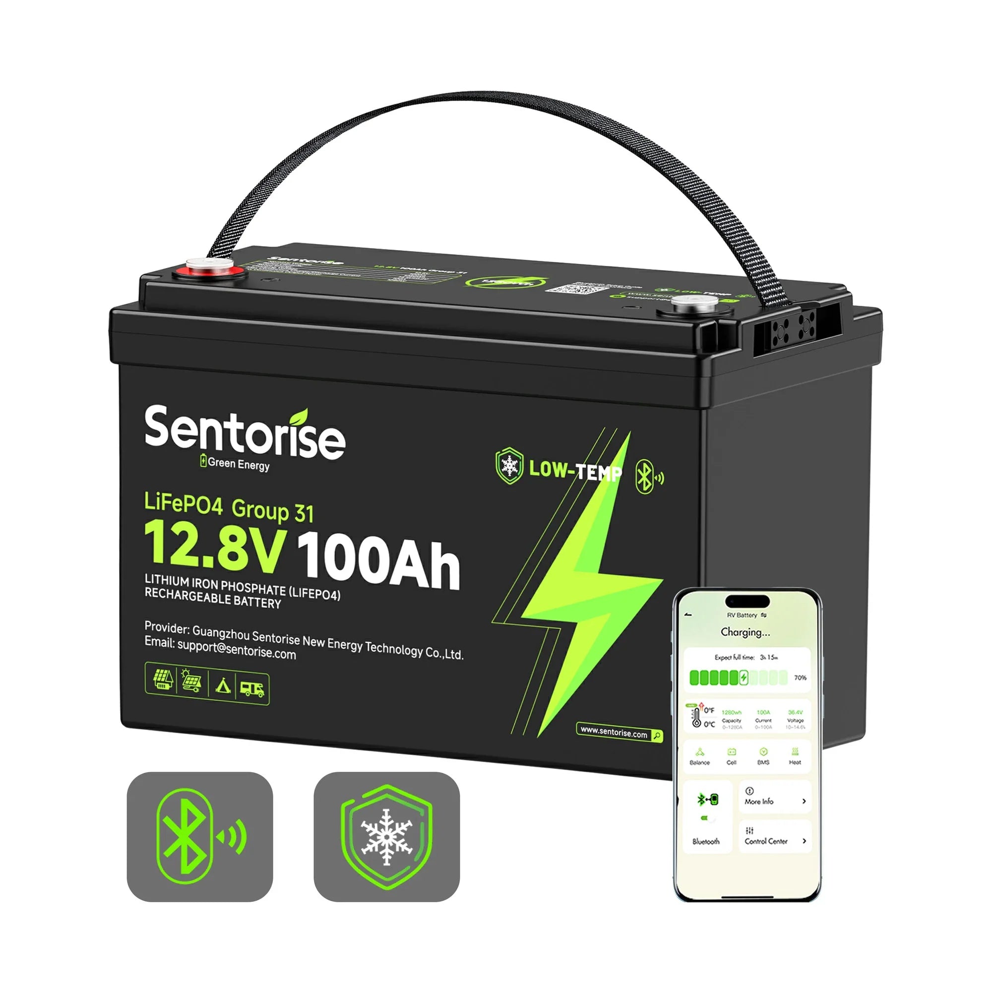 Sentorise 12V 100Ah Group 31 Bluetooth LiFePO4 Battery Bluetooth monitoring overview
