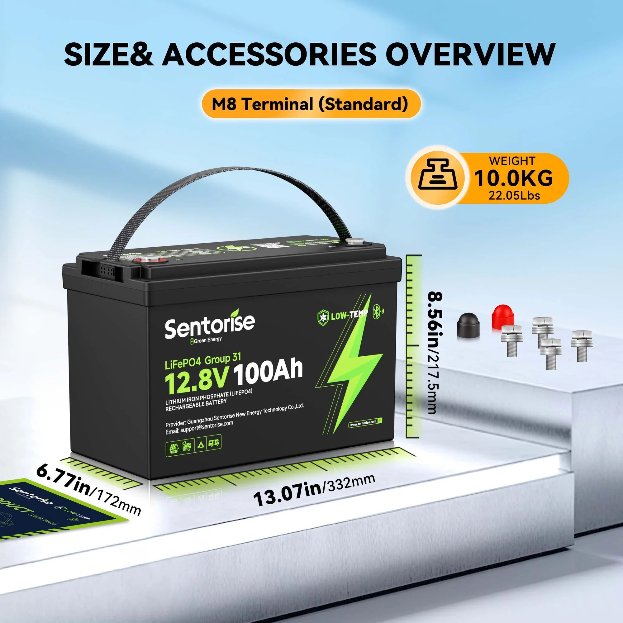 Sentorise 12V 100Ah Group 31 Bluetooth LiFePO4 Battery dimensions guide