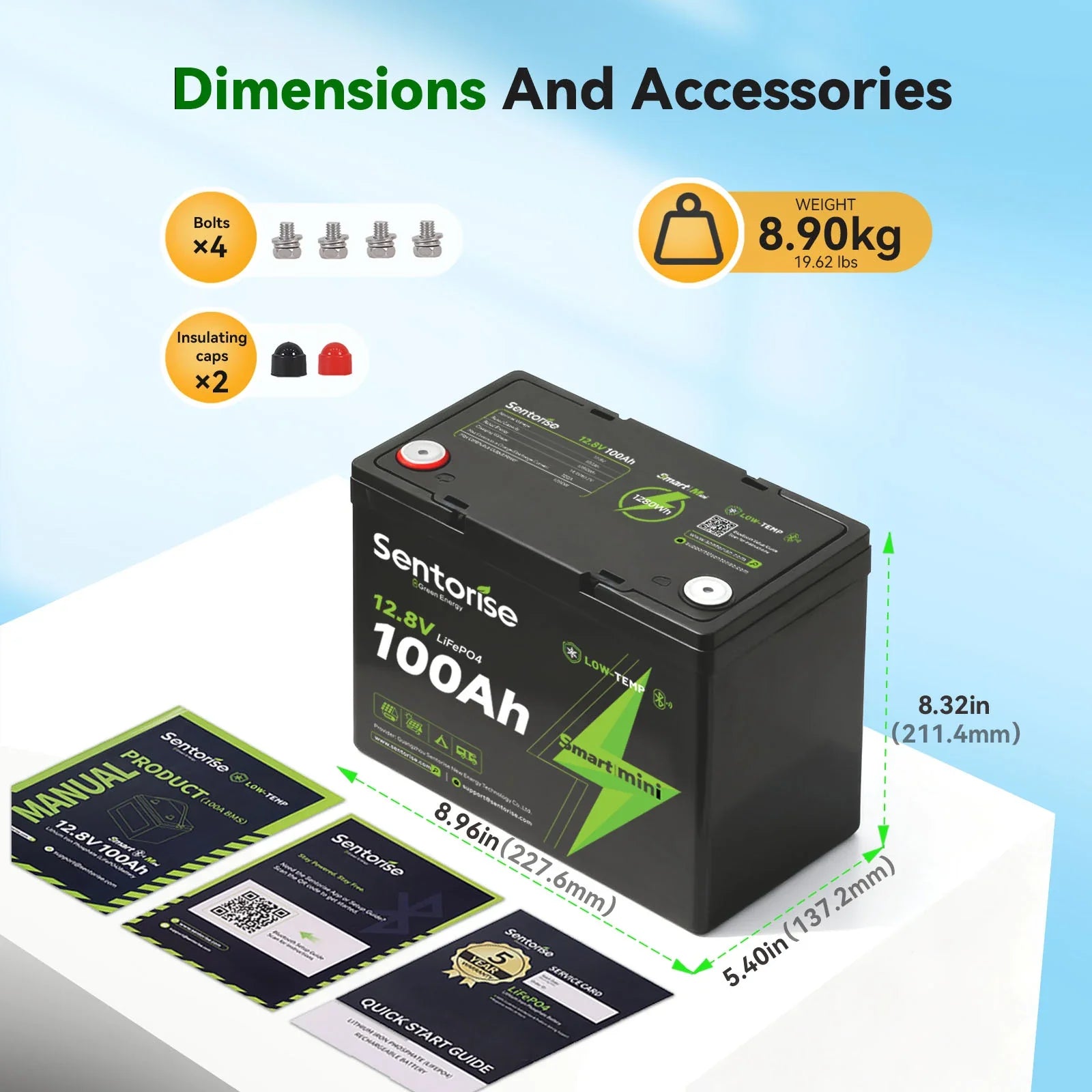 Sentorise 12V 100Ah SuperMini Bluetooth LiFePO4 Battery dimensions guide