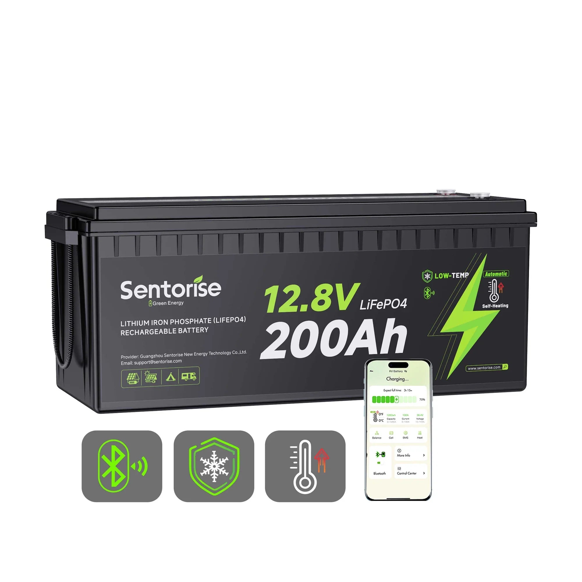 Sentorise 12V 200Ah Heated Bluetooth LiFePO4 Battery feature overview