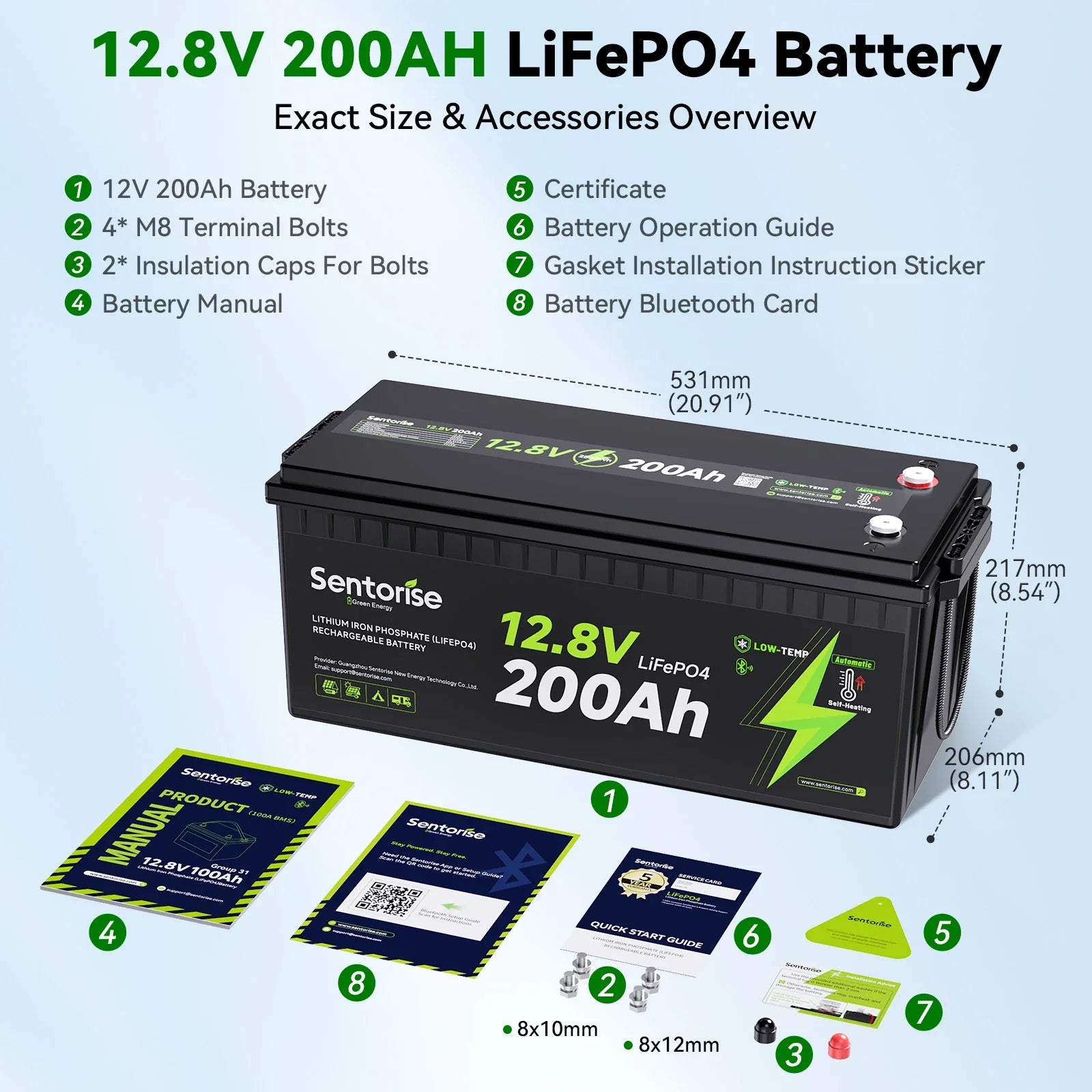 Sentorise 12V 200Ah Heated Bluetooth LiFePO4 Battery dimensions guide