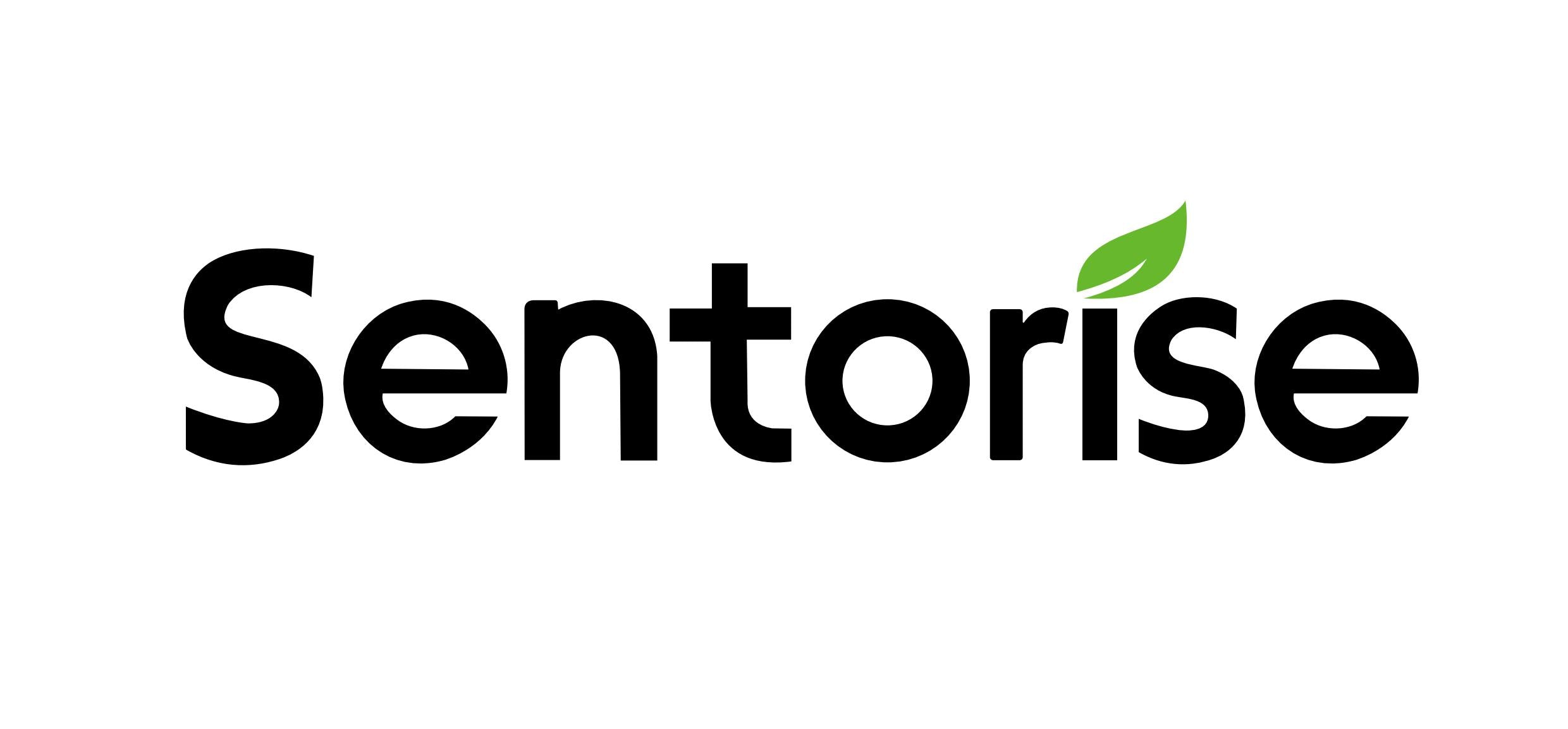 Sentorise black wordmark with green leaf on white, original supplied brand artwork.