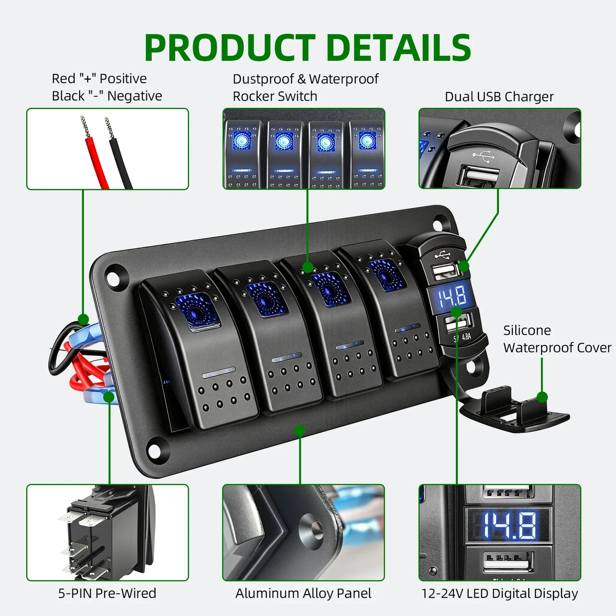Sentorise 4 Gang 12V/24V Switch Panel with USB-C and Voltmeter feature overview