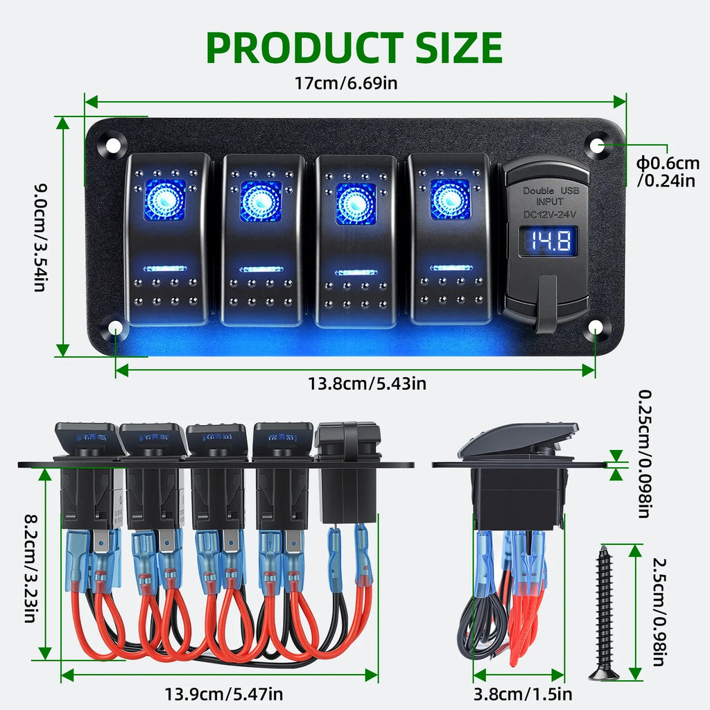 Sentorise 4 Gang 12V/24V Switch Panel with USB-C and Voltmeter dimensions guide