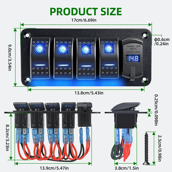 Sentorise 4 Gang 12V/24V Switch Panel with USB-C and Voltmeter dimensions guide