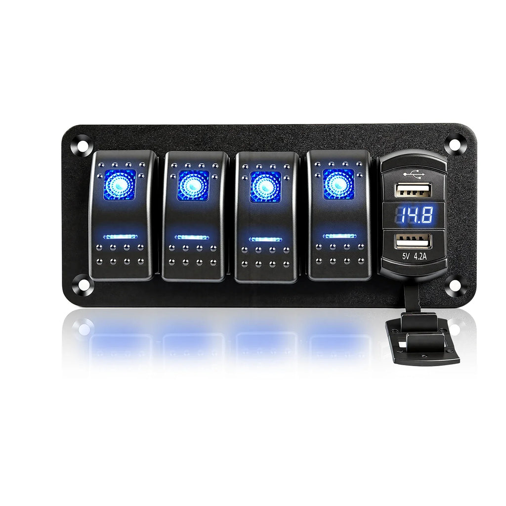 Sentorise 4 Gang 12V/24V Switch Panel with USB-C and Voltmeter