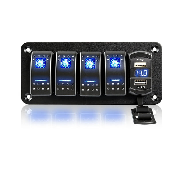 Sentorise 4 Gang 12V/24V Switch Panel with USB-C and Voltmeter