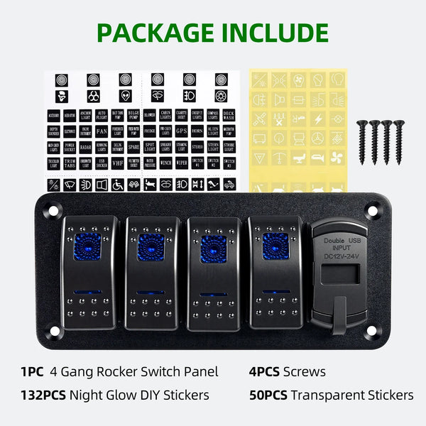 Sentorise 4 Gang 12V/24V Switch Panel with USB-C and Voltmeter package contents