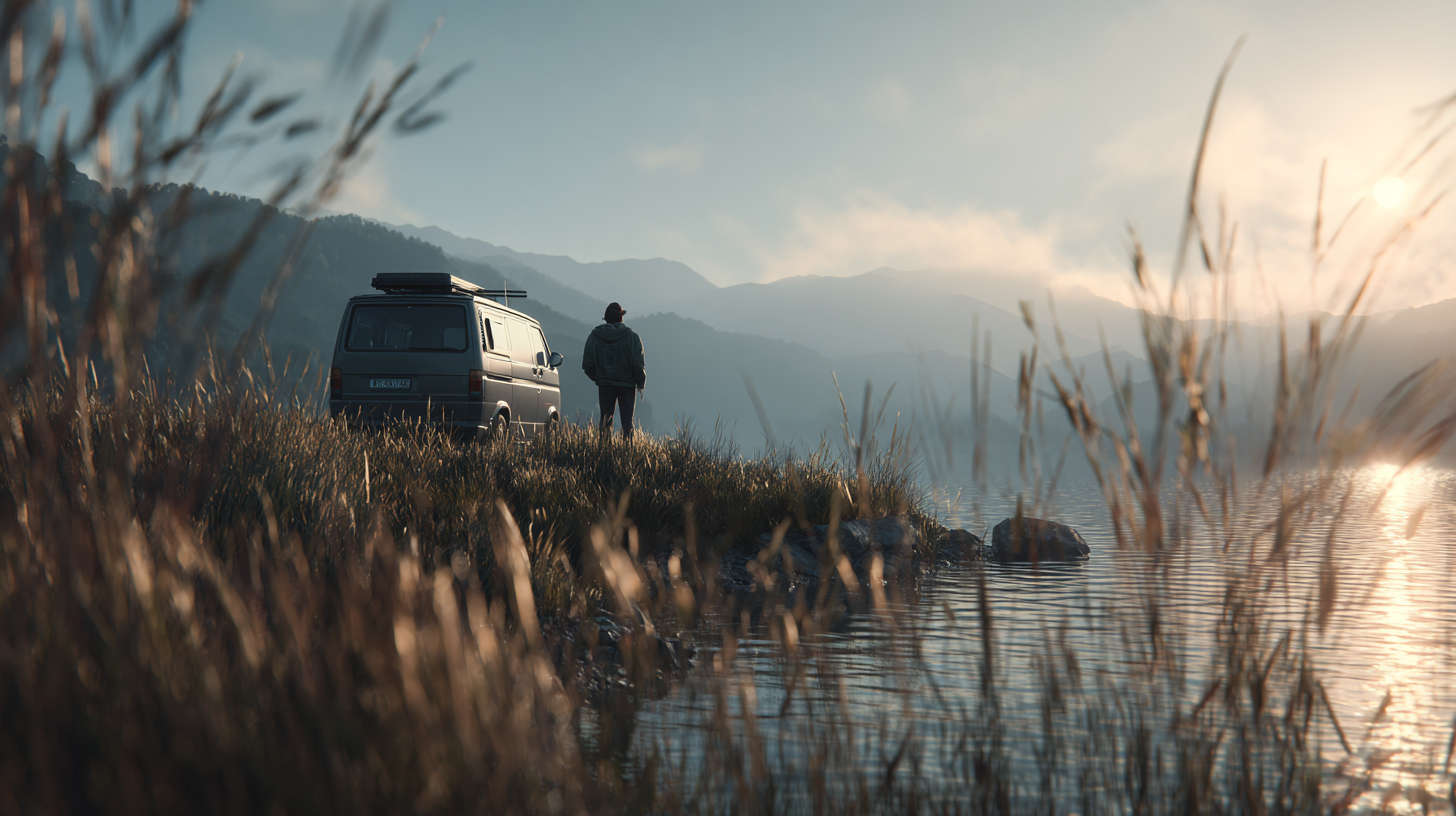 Illustrative vanlife scene beside a lake at sunset, with a traveller and campervan.